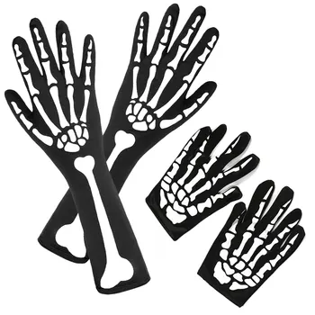2 пары Хеллоуинских перчаток-скелетов с рукавом-скелетом на руку, перчатки-скелеты с длинными пальцами, для детей и взрослых