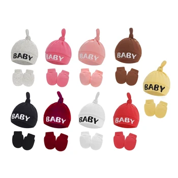 2 шт Детские Хлопчатобумажные перчатки с защитой от царапин Комплект шапочек Варежки без царапин для новорожденных Шапочка для младенцев Подарки для душа