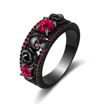 2023 Кольца в стиле Вестерн Панк с цветочным черепом, Винтажные Кольца из красного Циркона, черные Медные кольца для модных ювелирных изделий, подарки