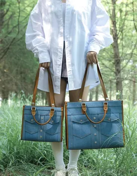 2023 Новая джинсовая синяя квадратная сумка-тоут Женская Большая вместительная сумка для пригородных поездок подмышками Маленькая оригинальная сумочка Женская сумка через плечо