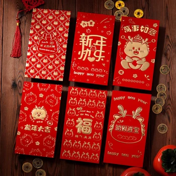 6 штук Красных конвертов в китайском стиле в 2024 году в Год Дракона, Новогоднее Благословение, кошелек, Подарок, Денежный мешок на удачу, Мультяшные Красные конверты