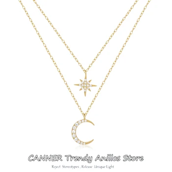 CANNER Стерлинговое серебро 925 Пробы Модное двухслойное ожерелье с подвеской в виде звезды и Луны, Нежная цепочка на ключицу, ожерелье с фианитами для женщин, ювелирные изделия