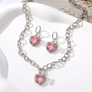 IPARAM Модное ожерелье с подвеской в виде розового хрустального сердца, серьги, ювелирный набор, Модные женские серьги, Женская цепочка, аксессуары, подарки