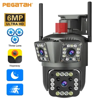 PEGATAH 6-мегапиксельная трехобъективная WIFI PTZ-камера 4K с тремя экранами, наружный искусственный интеллект, Автоматическое отслеживание человека, IP-камеры видеонаблюдения