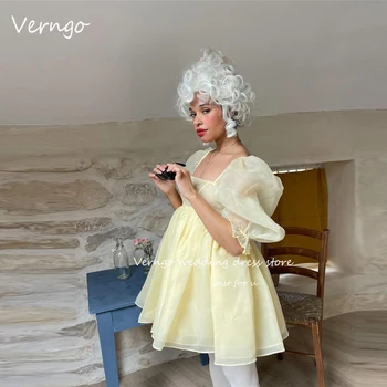 Verngo Простые светло-желтые платья для выпускного вечера из органзы с пышными рукавами в пол, с высокой талией, с квадратным вырезом, мини-коктейльное платье 2023 года выпуска
