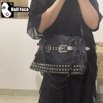 Y2K Girl Harajuku Готические сумки с резной кожаной пряжкой большой емкости в стиле панк на одно плечо, модные женские сумки через плечо с заклепками, сумка-тоут