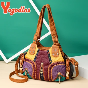 Yogodlns Винтажная сумка через плечо из мягкой искусственной кожи Женская сумка большой емкости Модная сумка через плечо с цветной строчкой Сумка с ручкой sac