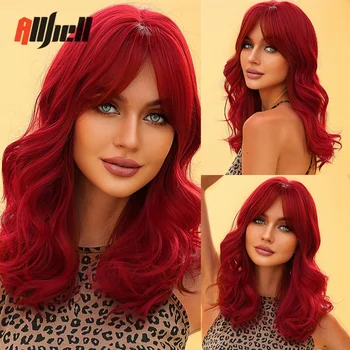 Винно-красные парики с длинными плечами для женщин, косплей, натуральные синтетические парики с волнистыми волосами с челкой, Термостойкий парик Лолиты для вечеринки