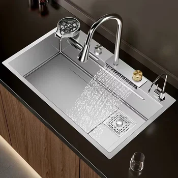 Водопадная кухонная раковина Silver Premium 304 из нержавеющей стали 3 мм, Нано-Водопадный кран, Раковина для кухонной посудомоечной машины, Большая Одинарная раковина