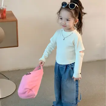 Детская одежда Весна 2024, Новый Модный Короткий топ для девочек, корейский стиль, длинный рукав, Однотонная Повседневная Детская базовая рубашка