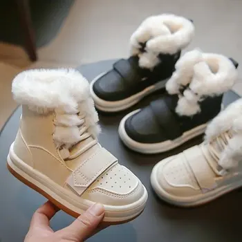 Детская теплая обувь 2024 Новые зимние детские плюшевые толстые короткие ботинки для девочек и мальчиков, водонепроницаемые нескользящие модные ботинки