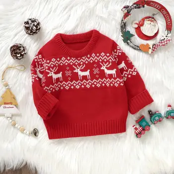 Детский вязаный свитер, милая повседневная теплая одежда для новорожденных, пуловеры с длинными рукавами, трикотажные топы для малышей с рождественским принтом Санты / Лося
