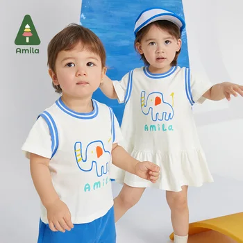 Детский комплект Amila 2023, летняя новинка, футболка с милым мультяшным принтом + шорты, комплекты из 2 предметов, спортивная дышащая детская одежда для мальчиков и девочек