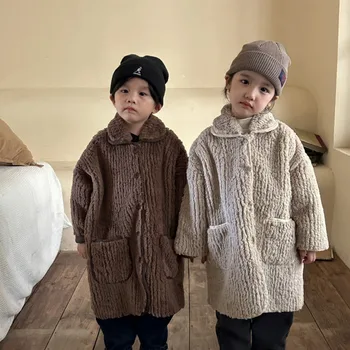Детское пальто с имитацией кроличьего меха, зимние однотонные теплые куртки с длинными рукавами для девочек, утепленное теплое пальто для мальчиков