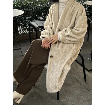 Длинный экологичный мех из искусственной норки, женская осенне-зимняя удлиненная теплая куртка с V-образным вырезом и пышными рукавами