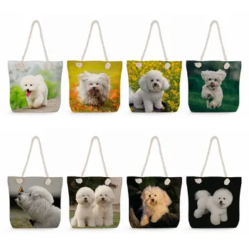 Дорожные пляжные сумки, женская сумка для покупок с изображением белой собаки, толстая веревка, повседневные сумки большой емкости с милым принтом бишона, сумки на плечо