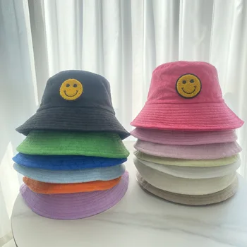 Женская Широкополая шляпа с нашивкой на улыбающееся лицо, Рыбацкая шляпа в Корейском стиле, Однотонная Солнцезащитная панама для скалолазания, Хип-хоп кепки