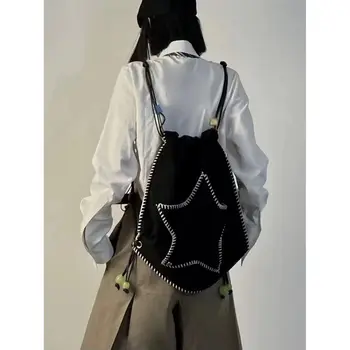 Женские рюкзаки большой емкости Y2K в Японском Корейском стиле 2023 Новый Универсальный повседневный рюкзак Black Star Сумка через плечо с завязками и бисером