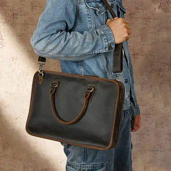 Кожаная мужская сумка AETOO Crazy Horse, деловой винтажный кожаный портфель 14 