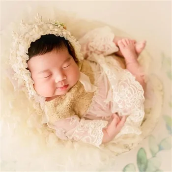 Комплект для фотосессии новорожденных, Кружевное платье-комбинезон и шляпка-капор, реквизит для позирования, костюм для фотосъемки младенцев, 2ШТ