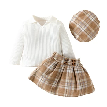 Комплект осенне-зимней юбки для маленьких девочек, свитер с длинными рукавами, топы и клетчатое платье с юбкой на пуговицах, наряды из 2 предметов