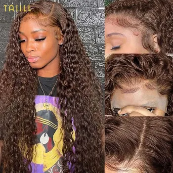 Коричневые парики на кружеве с глубокой волной, Предварительно выщипанные человеческие волосы # 4, Прозрачные индийские парики из натуральных волос 13x4 HD для чернокожих женщин Taiill
