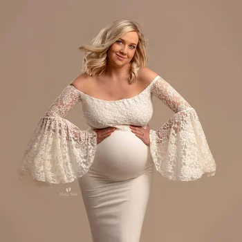 Кружевные платья с рукавами-пагодами, платье для беременных, реквизит для фотосъемки беременных, платья для беременных с рыбьим хвостом для фотосессии