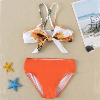 Купальники из двух частей для маленьких девочек с цветочным принтом подсолнуха, летний детский оранжевый купальник, бикини, бандаж, пляжная одежда, бразильский купальник