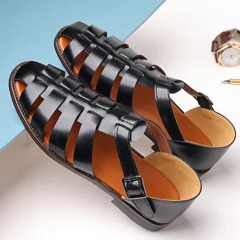 Летние Мужские сандалии в Риме, уличная нескользящая пляжная Черная повседневная обувь на плоской подошве в рыбацком стиле, сандалии-гладиаторы, Большие размеры 2023 г.