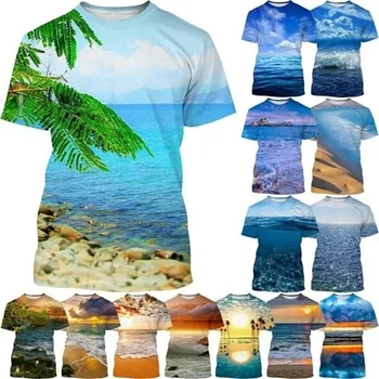 Летние футболки с графическими пейзажами на побережье, модные мужские топы, повседневные футболки в пляжном стиле с 3D-принтом, футболки с графическими пейзажами на природе 150-4XL