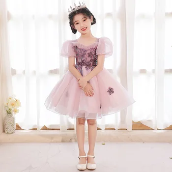 Милое бальное платье принцессы с цветочным узором для девочек, детское праздничное платье для маленьких гостей, бутик-платья Peformance y878