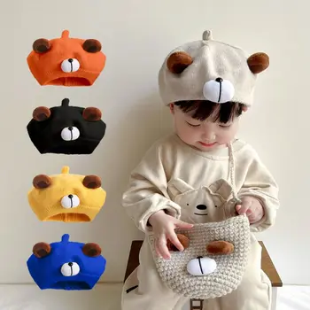 Модная детская шапка с мультяшным медведем, теплый берет, винтажная вязаная шапка-берет, детская осенне-зимняя детская кепка художника, капот