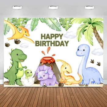 Мультяшный фон с динозаврами Фон джунглей Лесные листья Детский День рождения Детский душ Фотография новорожденного Украшение Баннер