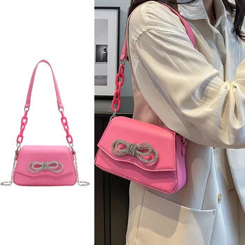 Новая модная женская сумка через плечо со стразами и бантом, сумка подмышками, сумка через плечо на цепочке, Брендовая дизайнерская сумочка, модный клатч