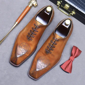 Новая мужская обувь Итальянские официальные туфли Оксфорды Мужские Деловые вечерние туфли ручной работы из натуральной кожи с лазерной резьбой 37-46