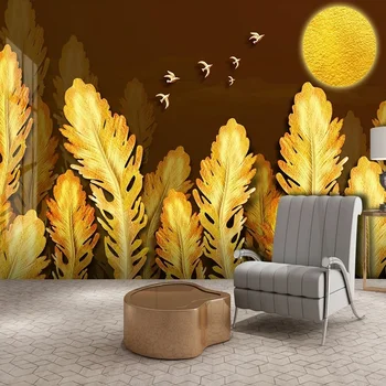 Обои для стен Роскошные 3D Золотые листья растений Настенная бумага для рисования Фон для телевизора в гостиной Украшение дома Водонепроницаемый холст