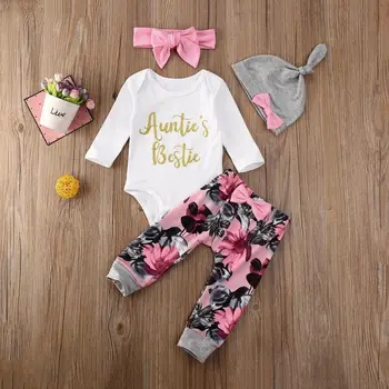 Одежда для новорожденных девочек, комбинезон с буквами, штаны с цветочным узлом, повязка на голову, шляпа, осень-весна, комплект одежды из 4 предметов, от 0 до 3 лет