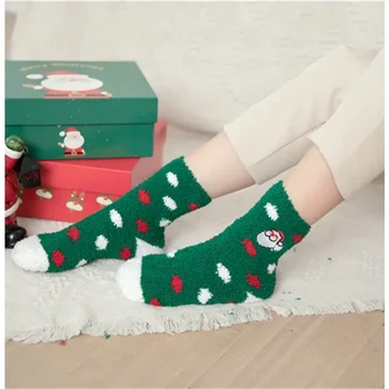 Осенне-зимние рождественские носки с бархатной вышивкой в пол-стороны, рождественские носки в полоску и горошек, теплые домашние носки в горошек.