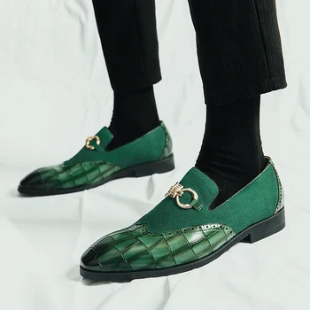 Осенние зеленые лоферы, Мужские модельные туфли из нубука без застежки, Роскошная брендовая кожаная повседневная обувь с острым носком, Свадебная обувь Bullock
