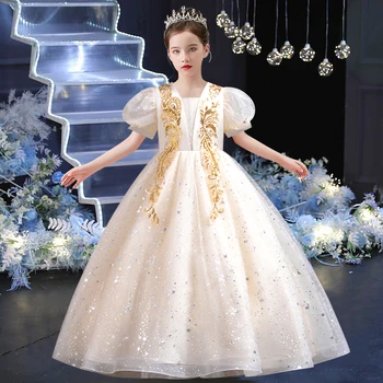 Платье принцессы с блестками и пузырчатыми рукавами для девочек от 5 до 14 лет, вышитое пышное платье для ведущей банкета, вечернее платье высокого класса