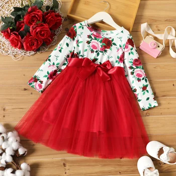 Платье с бантом и цветочным принтом для маленьких девочек PatPat, платье с длинными рукавами из сетки