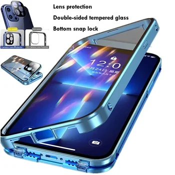 Полностью Защищенный На 360 ° Металлический Магнитный Двусторонний Стеклянный Чехол С Защелкивающимся Замком Для iPhone 15 Pro Max 14 12 11 13 Pro Max Plus Bumper Cover