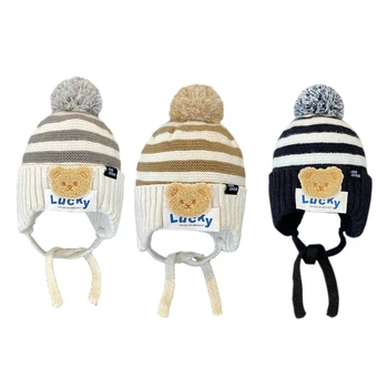 Полосатая шапка с мультяшным медведем B2EB Детская стильная теплая шапочка-бини с защитой ушей