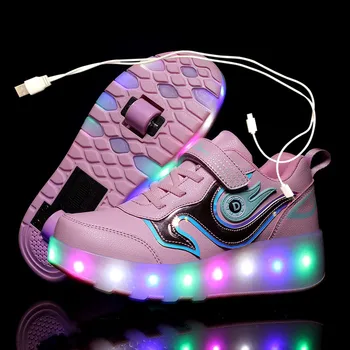 Размер 28-43 Кроссовки со светодиодными колесами для детей и взрослых, заряжающиеся от USB, светящиеся роликовые туфли с подсветкой, двойные колеса, детская обувь для катания на коньках