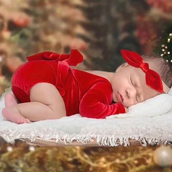 Реквизит для фотосъемки из 2 предметов для маленьких девочек 0-1 м, Фотокостюм, красные комбинезоны с бантом, головной убор, наряд для Рождественской фотосессии новорожденных