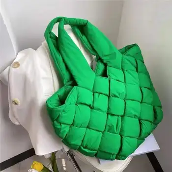 Роскошная женская сумка-тоут из хлопчатобумажной ткани, зимняя женская сумка с пуховой подкладкой, дизайнерские стеганые сумки для покупок для женщин 2023 Теплый