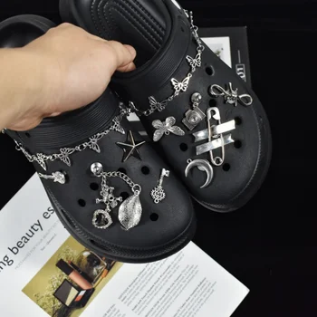 Роскошные серебряные подвески-цепочки для Croc DIY, винтажная пряжка для обуви в стиле панк, весь набор качественных аксессуаров Croc, модные универсальные комплекты