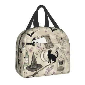 Термоизолированная сумка для ланча с рисунком кошки-ведьмы Женская Ведьмовская переносная коробка для ланча на Хэллоуин для кемпинга, путешествий, хранения продуктов, сумка для еды