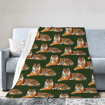 Тигровый узор на оливково-зеленом фоне Одеяло, мягкое теплое фланелевое покрывало, постельное белье для кровати, гостиной, пикника, путешествия домой