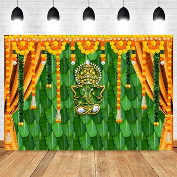Традиционный Фон Индийской Пуджи Календула Зеленый Банановый Лист Фон Фестиваля Чатия Ганеш Пуджа Ганпати Декор Свадебной Вечеринки